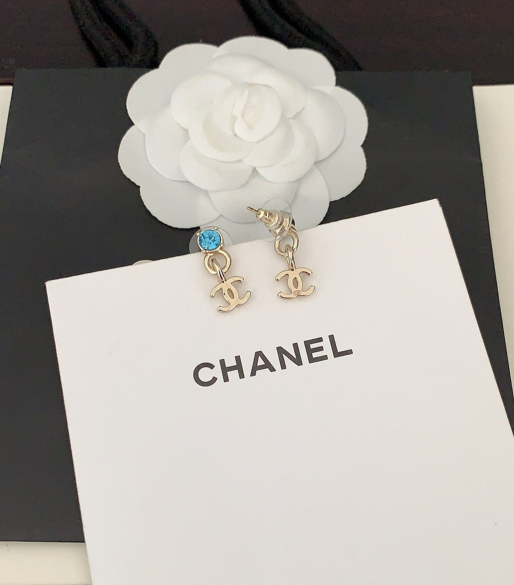 Chanel Blue Crystal 18K Gold Earrings