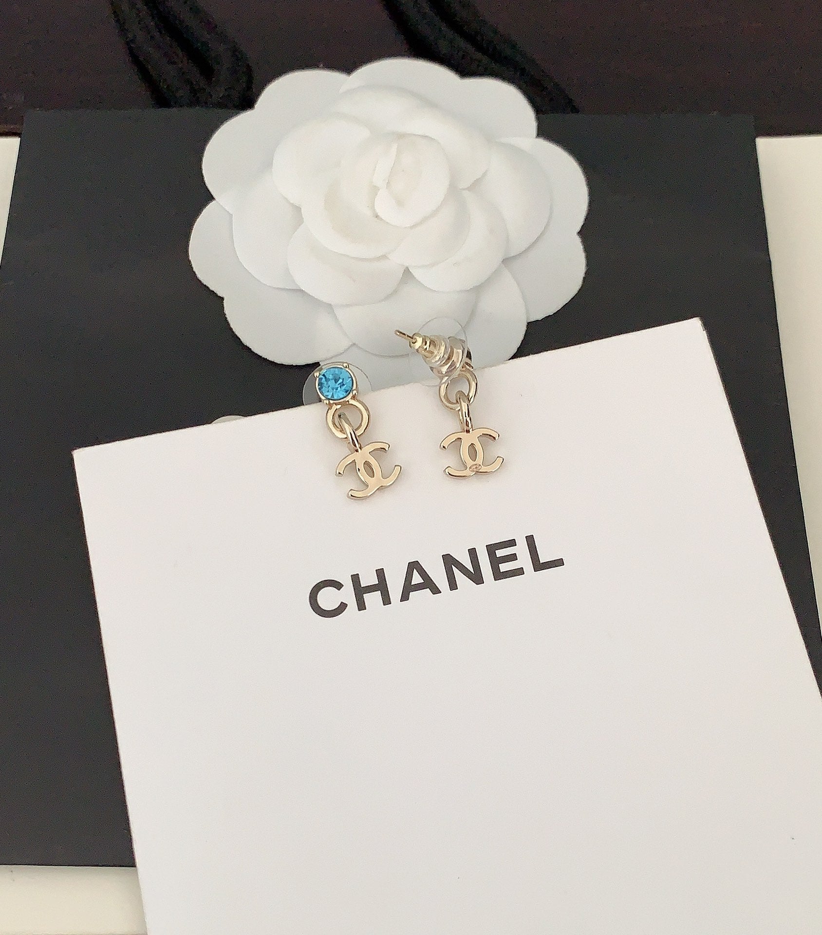 Chanel Blue Crystal 18K Gold Earrings