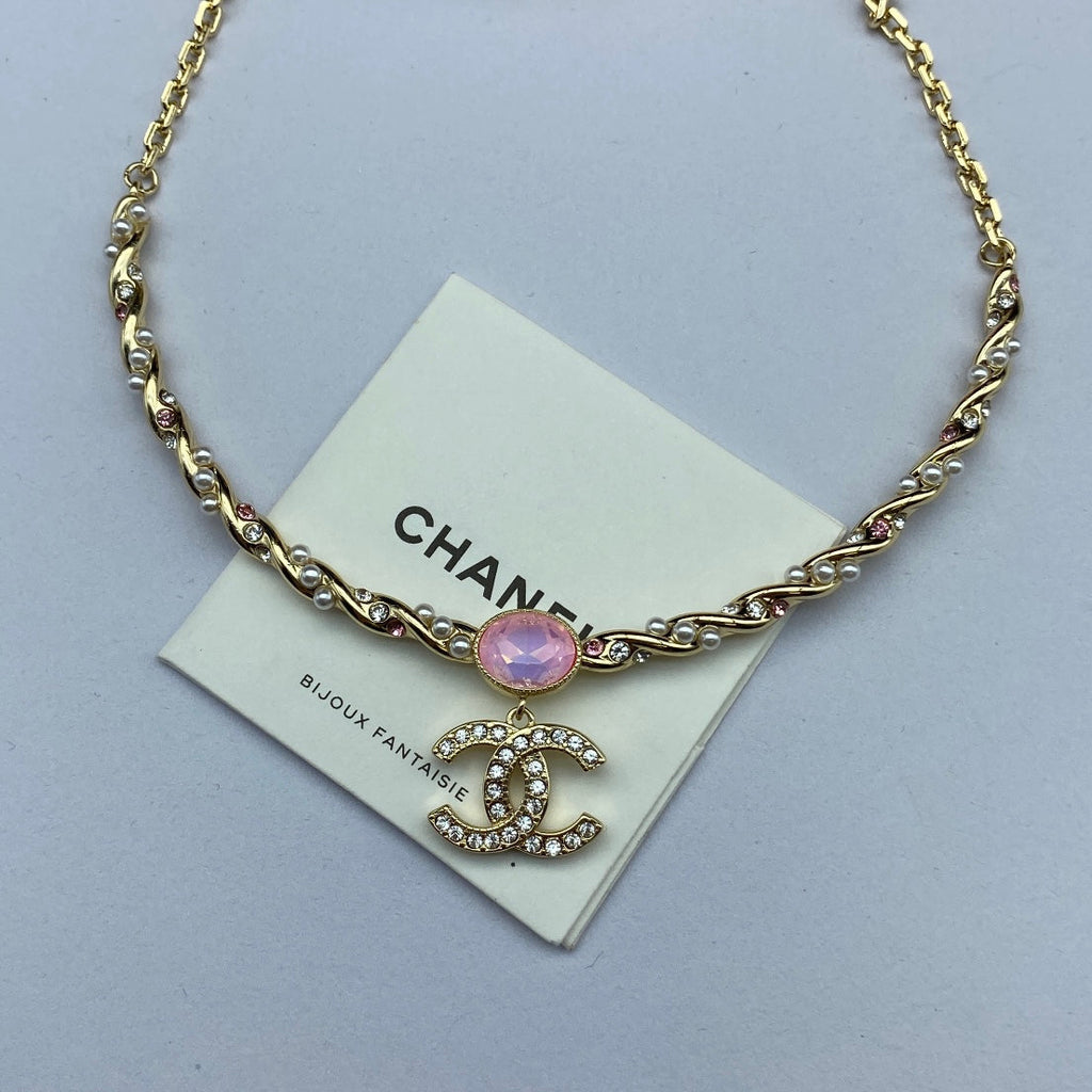 Chanel Pink Crystal 18K Gold Necklace