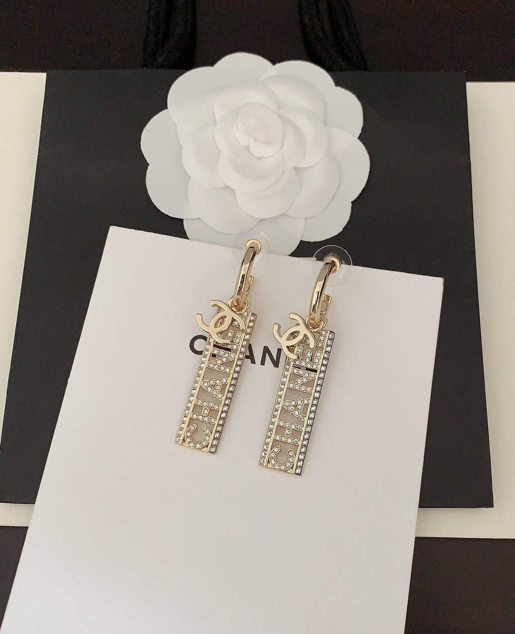 Chanel Crystals Long Letter 18K Gold Earrings