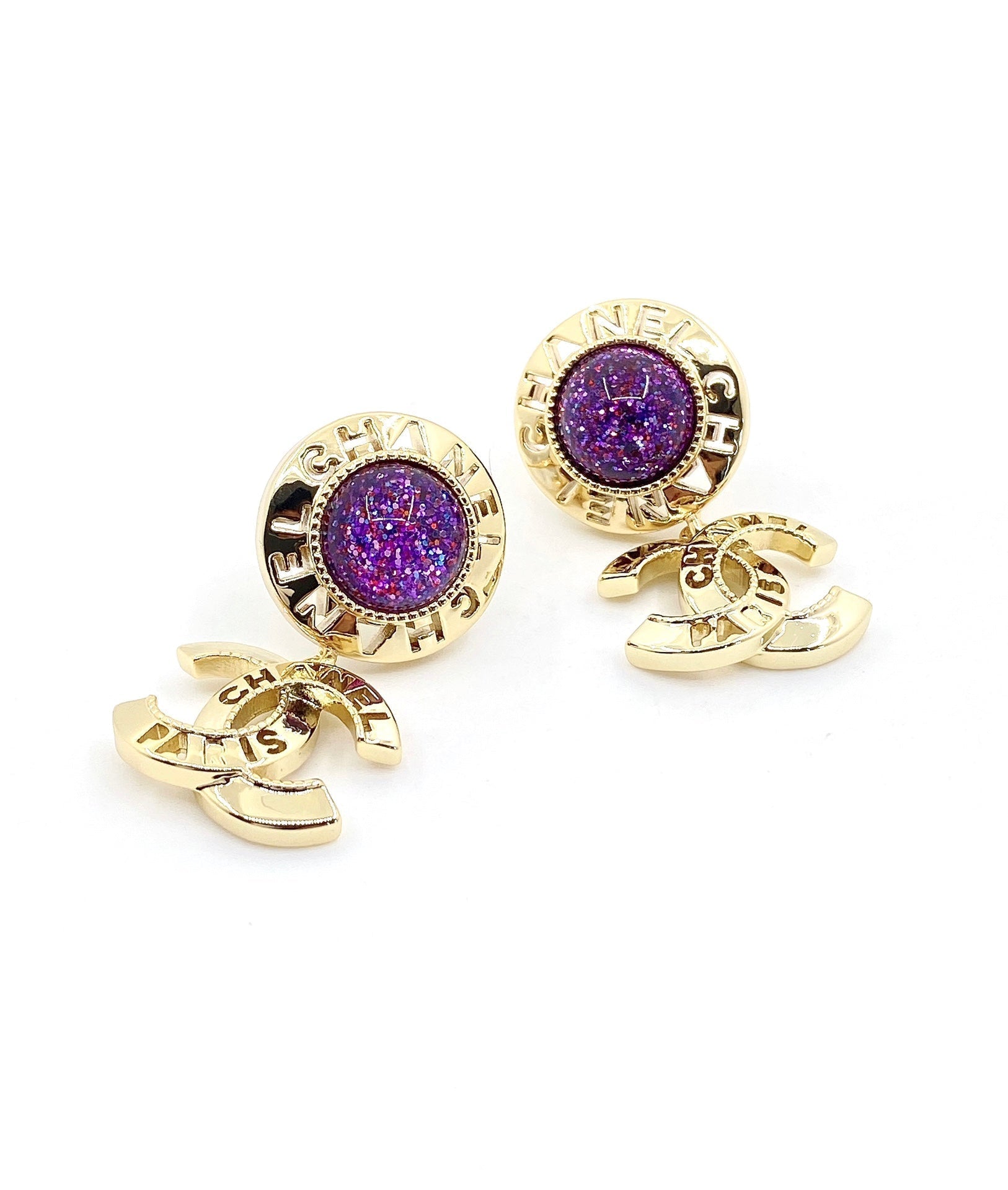 Chanel Purple Crystals 18K Gold Earrings