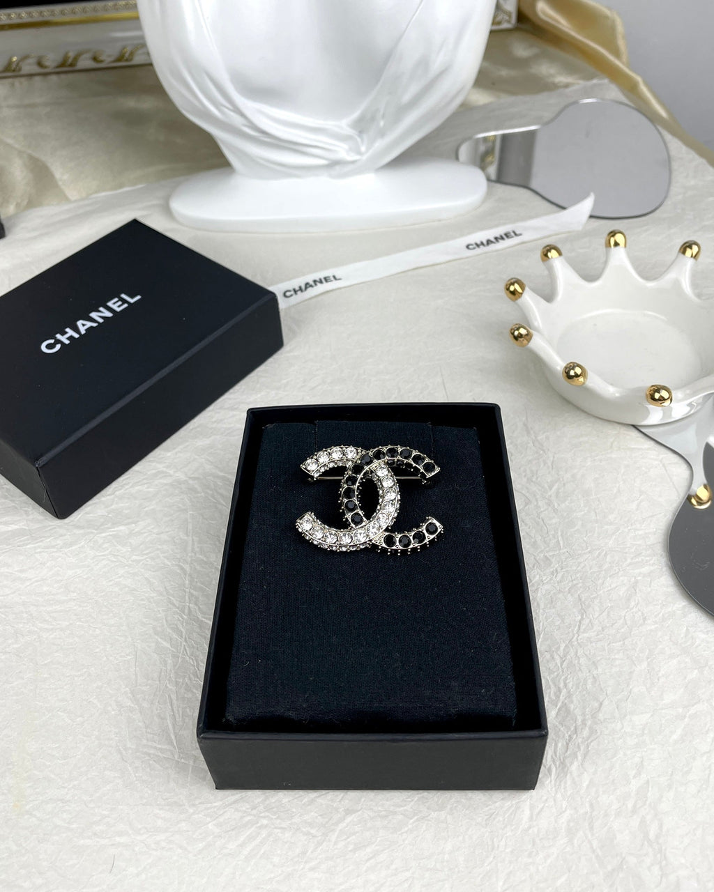 Chanel Black & White Crystals 18K Gold Brooch