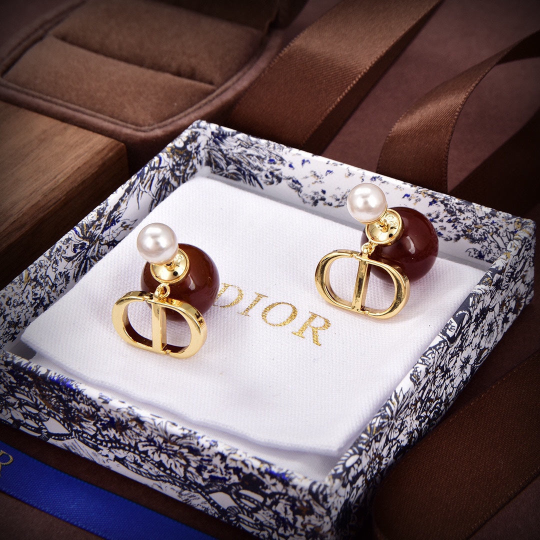 Dior Tribales Brown Resin Pearls 18K Gold Earrings