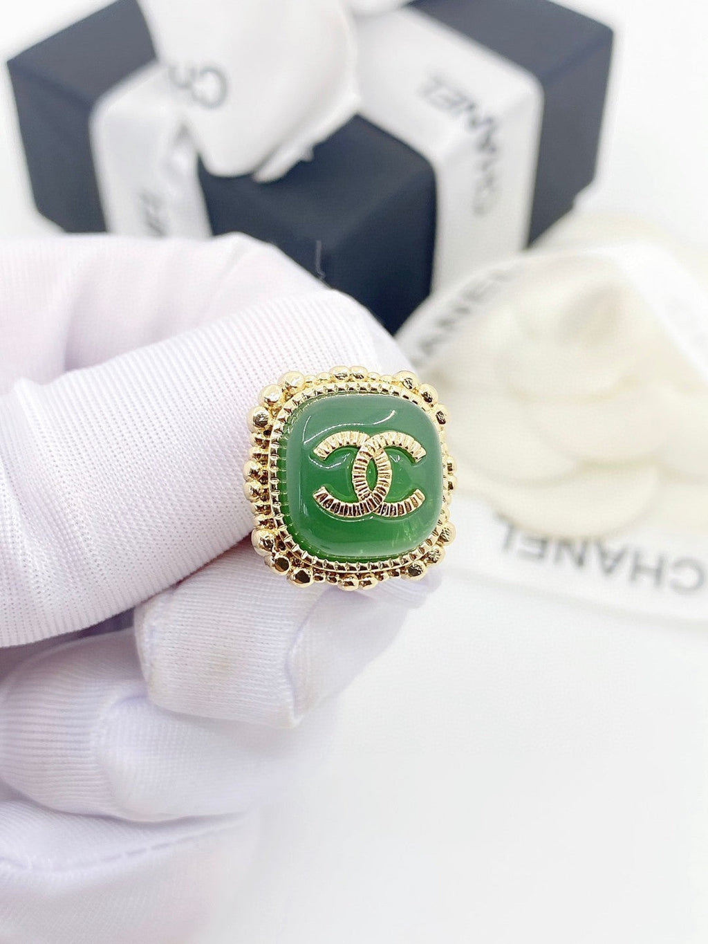 Chanel Green Square 18K Gold Earrings