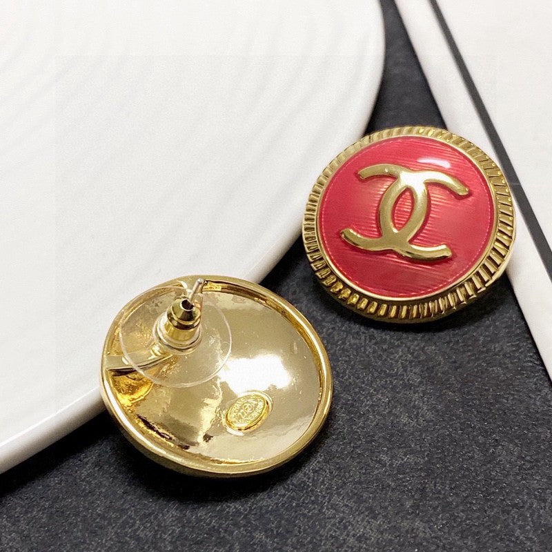Chanel Red Round 18K Gold Earrings
