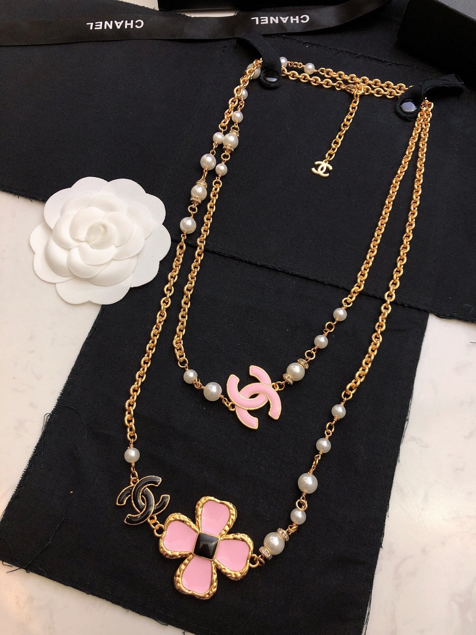 Chanel Pink Flowers 18K Gold Necklace