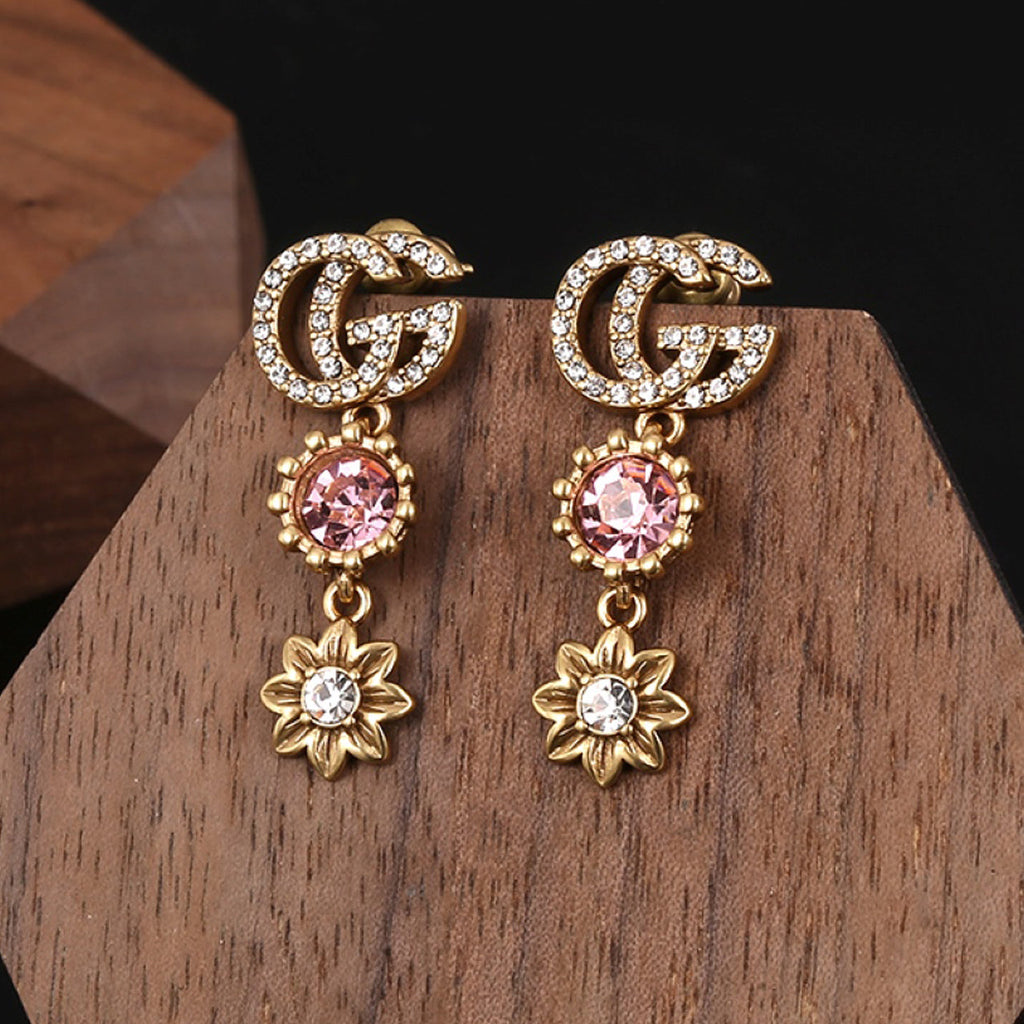 Gucci Double Flower Crystal 18K Gold Earrings
