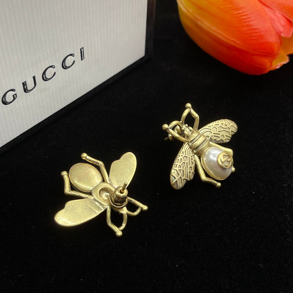Gucci Double Bee Pearl 18K Gold Earrings