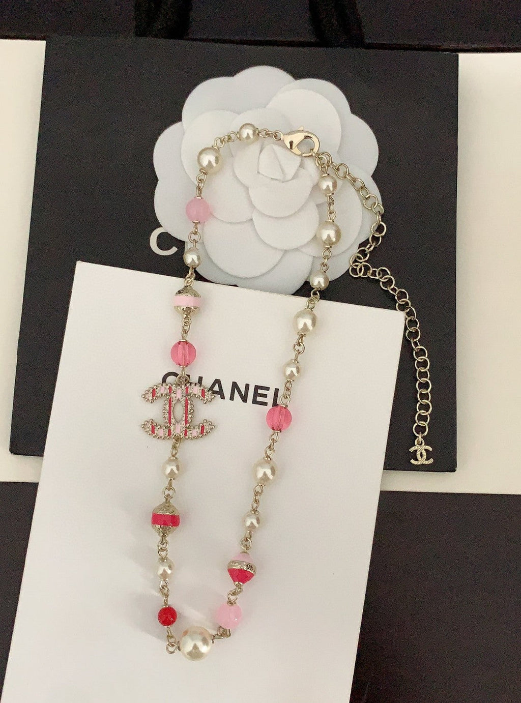 Chanel Pink & White Pearls 18K Gold Necklace