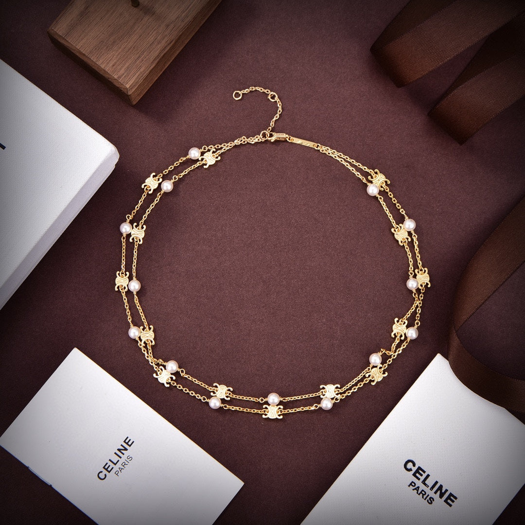 Celine Pearl Double 18K Gold Necklace