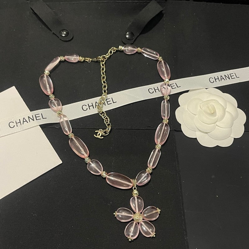 Chanel 26C Pink Crystal Flower 18K Gold Necklace