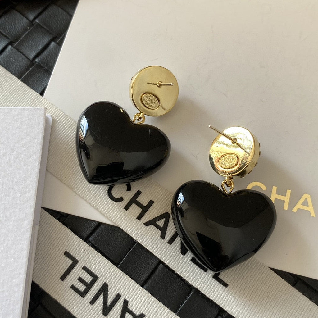 Chanel Black Heart 18K Gold Earrings