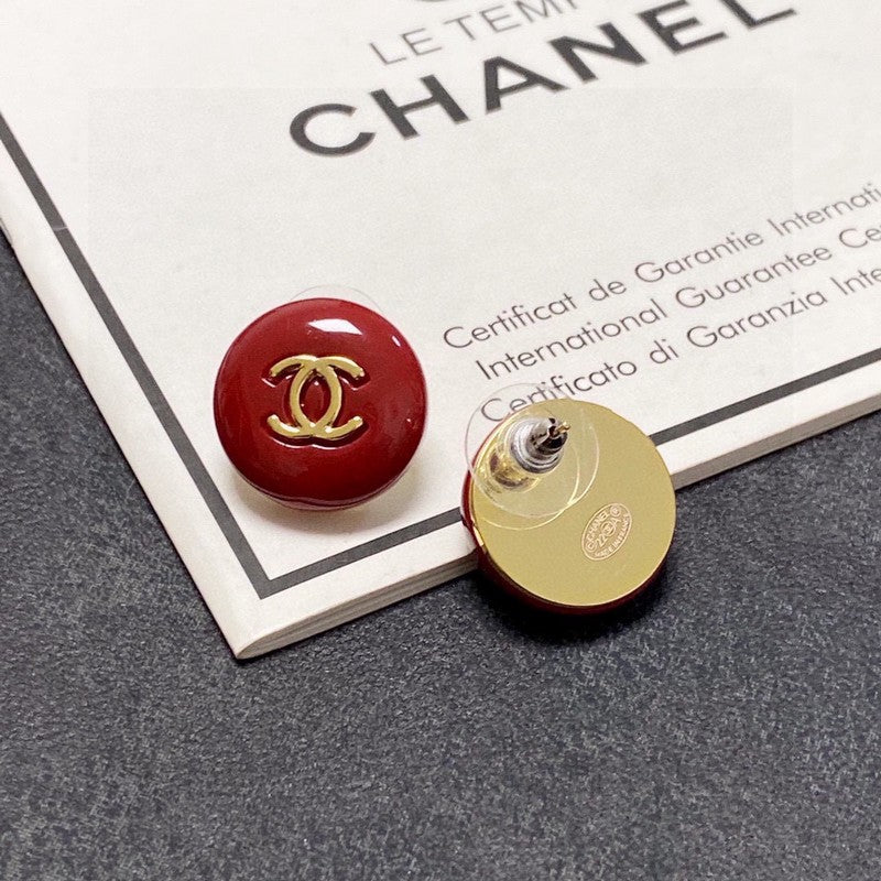 Chanel Wine Red Round 18K Gold Earrings