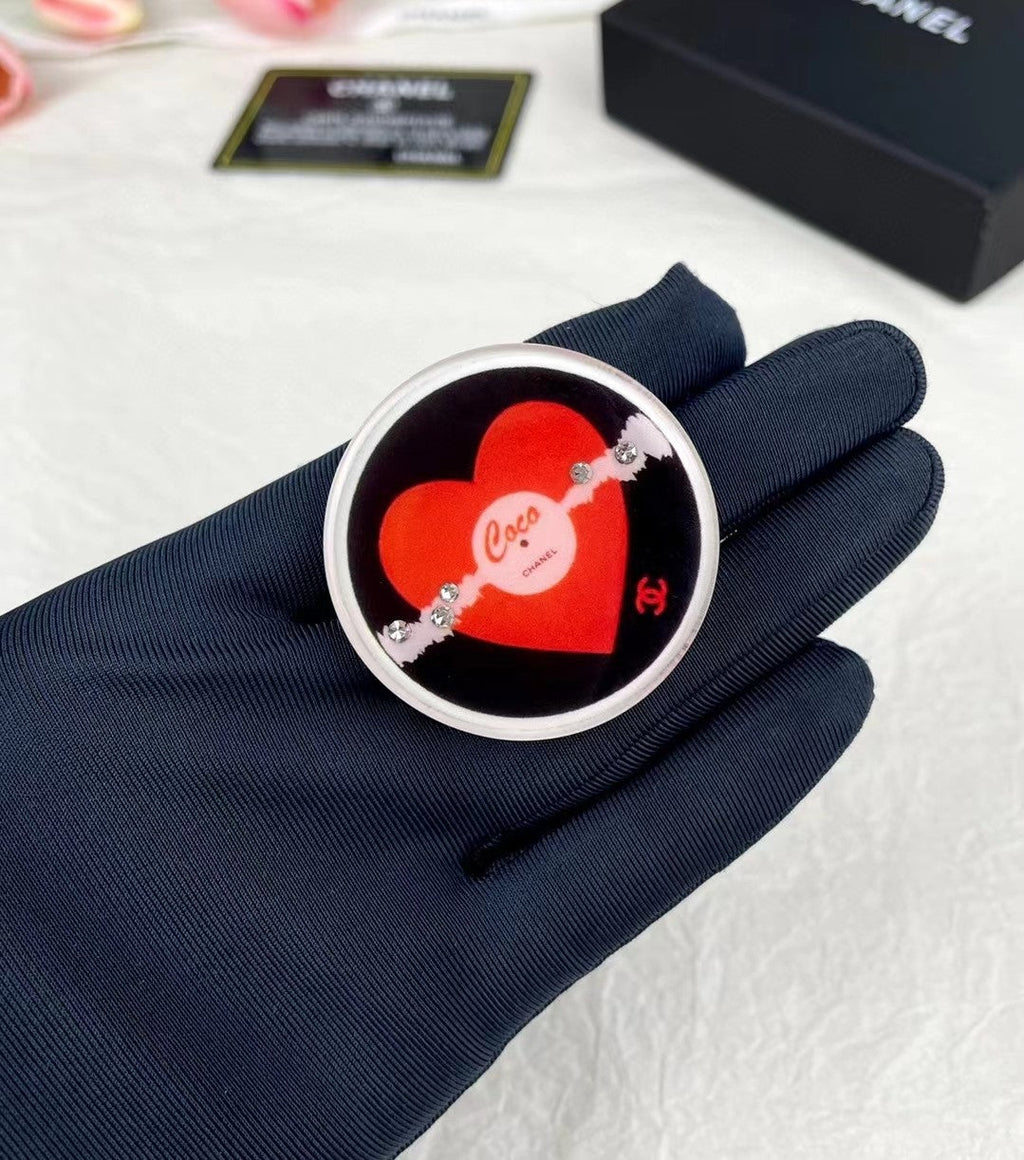 Chanel Red Heart Resin 18K Gold Brooch