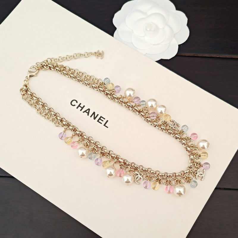 Chanel Pink Crystal Chain Links 18K Gold Necklace
