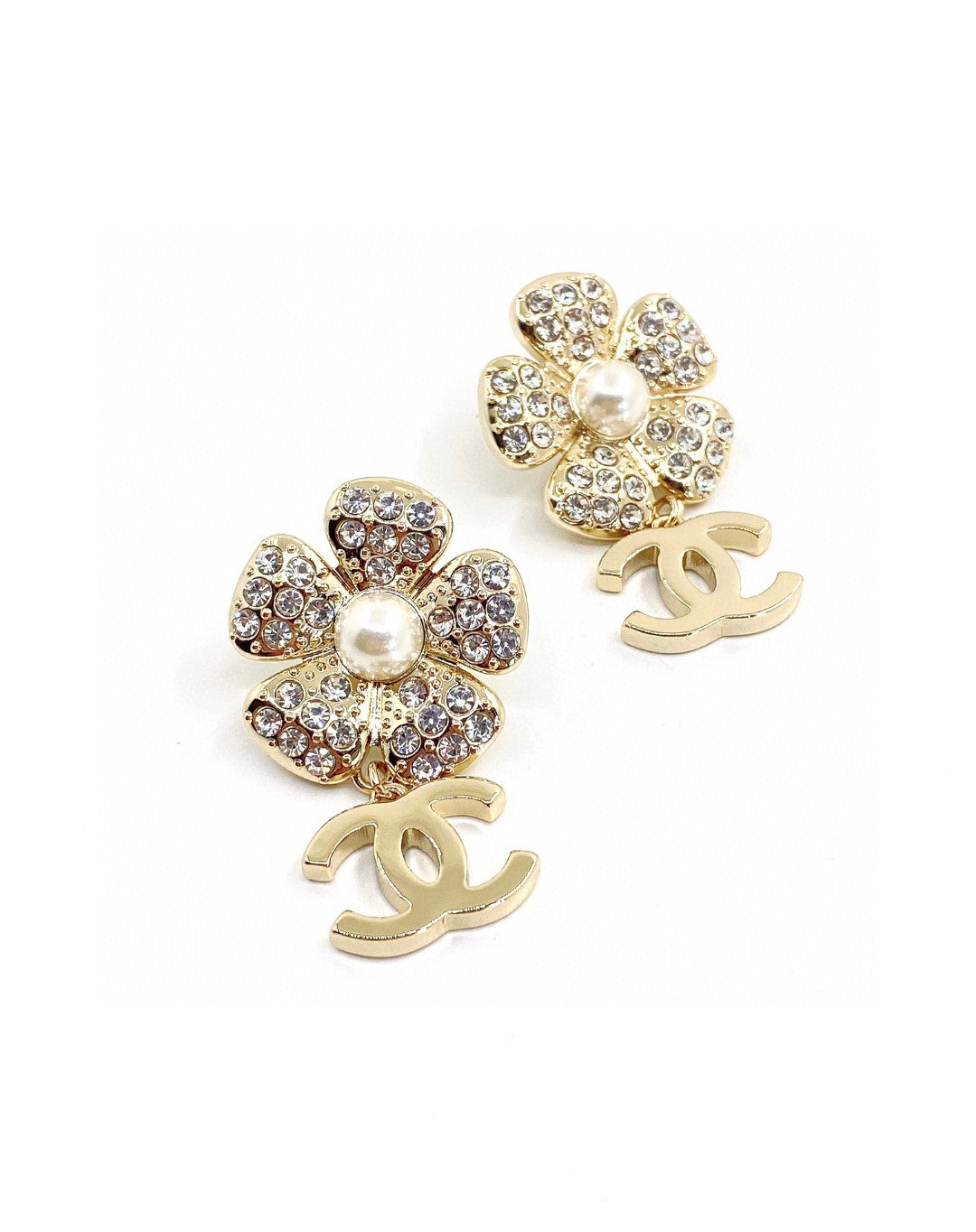 Chanel Flower Full Crystals 18K Gold Earrings