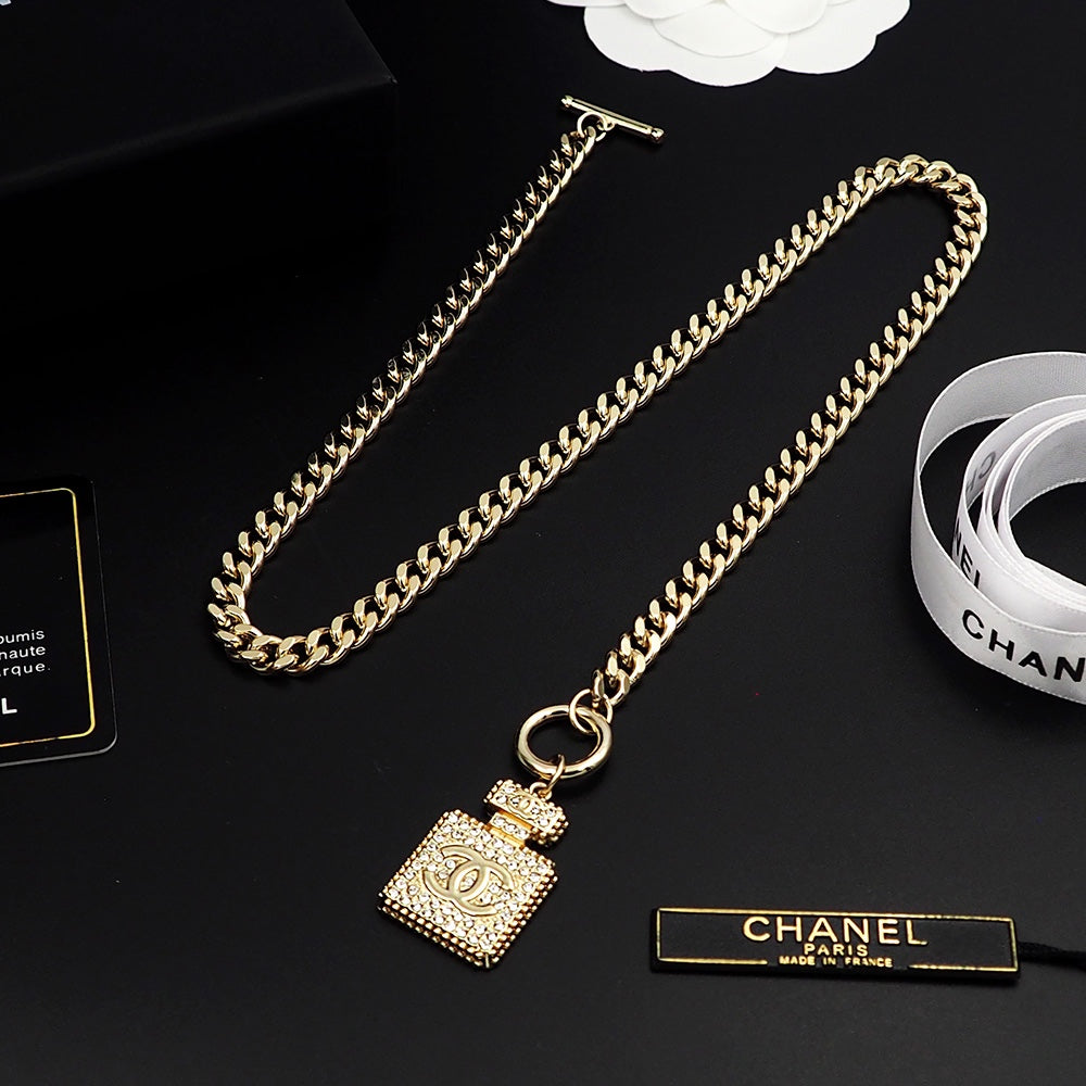 Chanel Diamond Perfume Bottle Pendant 18K Gold Necklace
