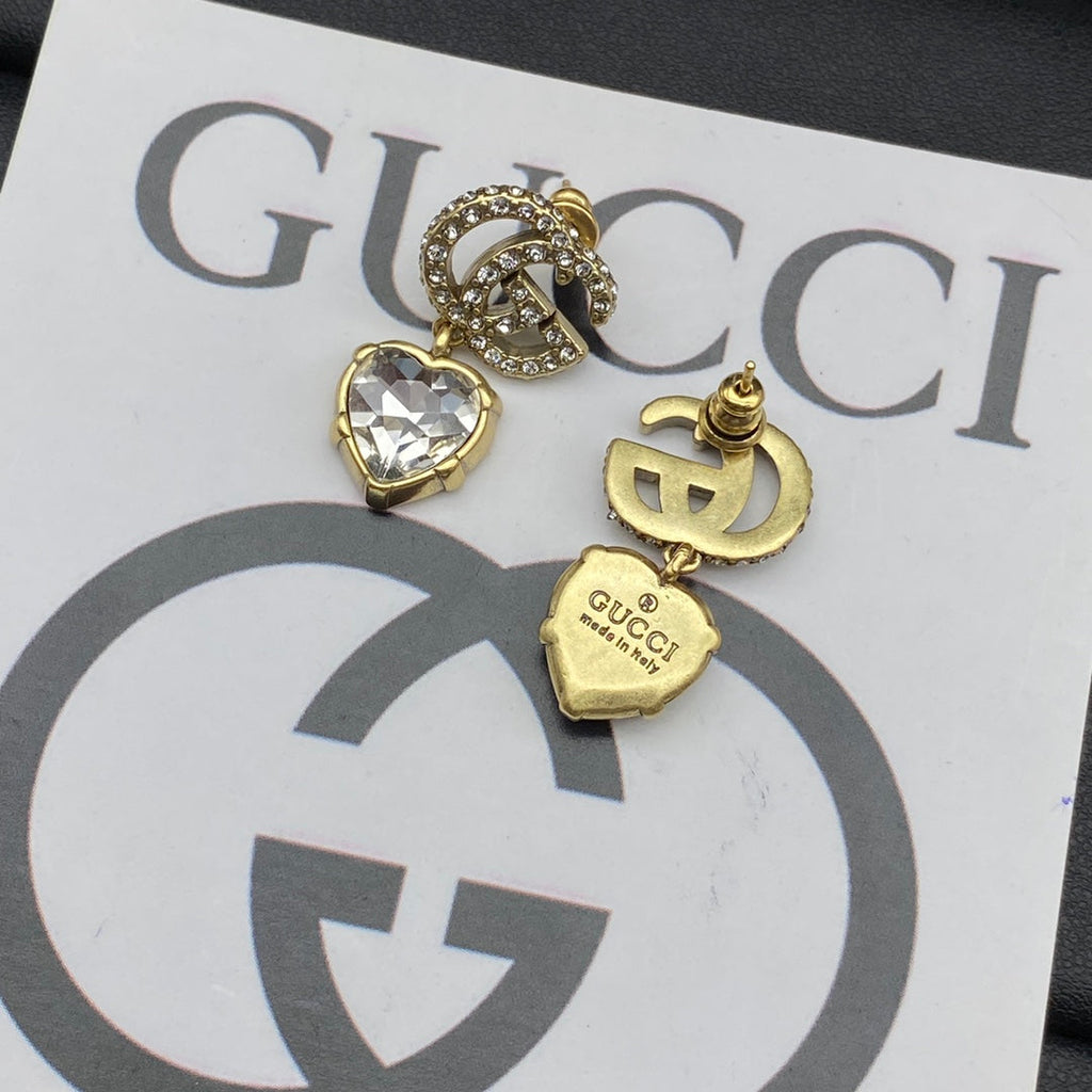 Gucci Double Crystal Pendant 18K Gold Earrings