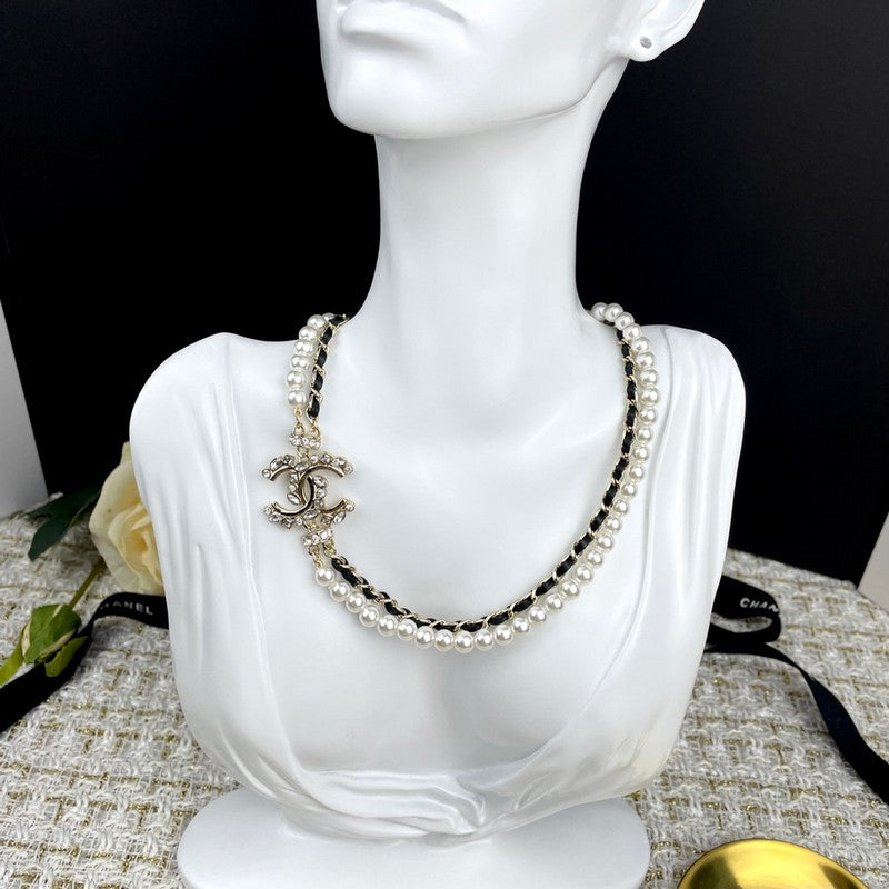 Chanel Pearl Chain Leather 18K Gold Necklace