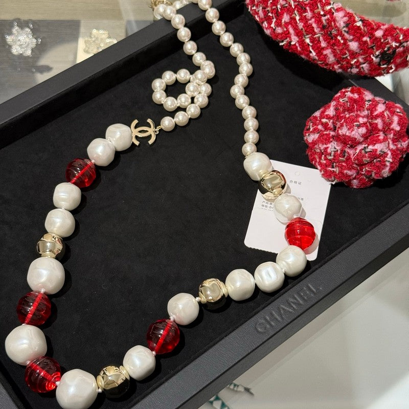 Chanel Red Crystal Pearl 18K Gold Necklace