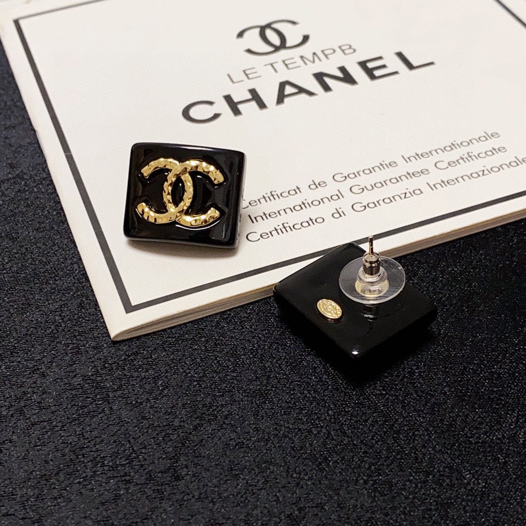 Chanel Black Resin Square 18K Gold Earrings