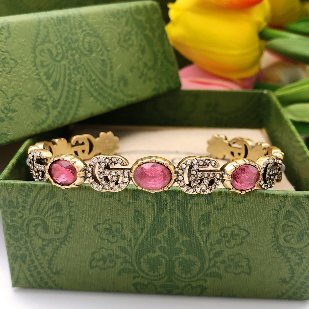 Gucci Double Red Crystals Open Cuff 18K Gold Bracelet