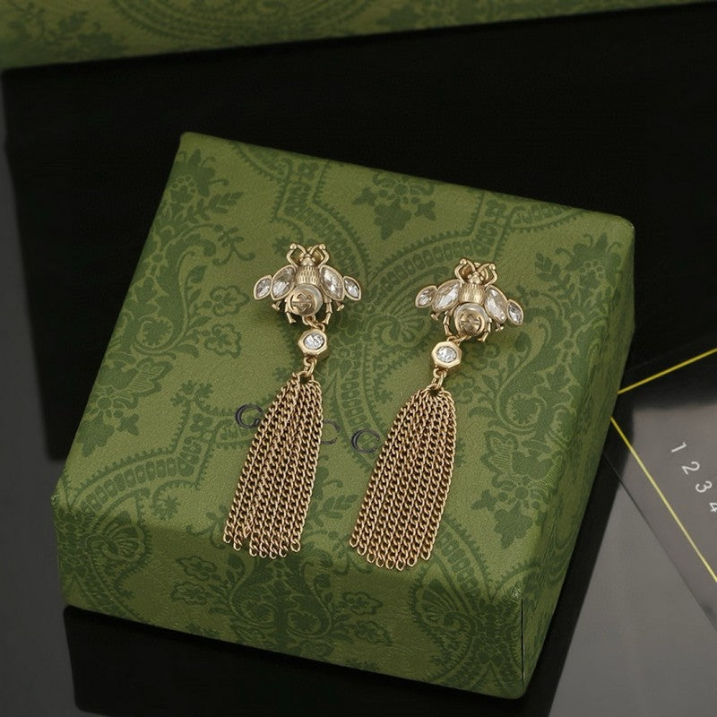Gucci Double Bee Tassel Crystal 18K Gold Earrings