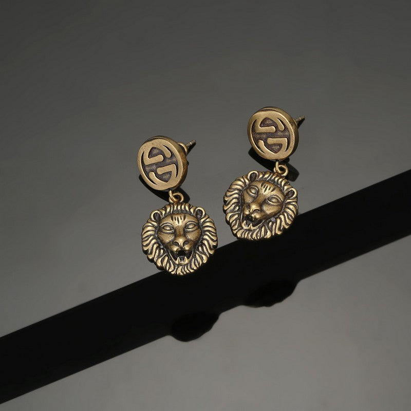 Gucci Double Lion Pendant 18K Gold Earrings