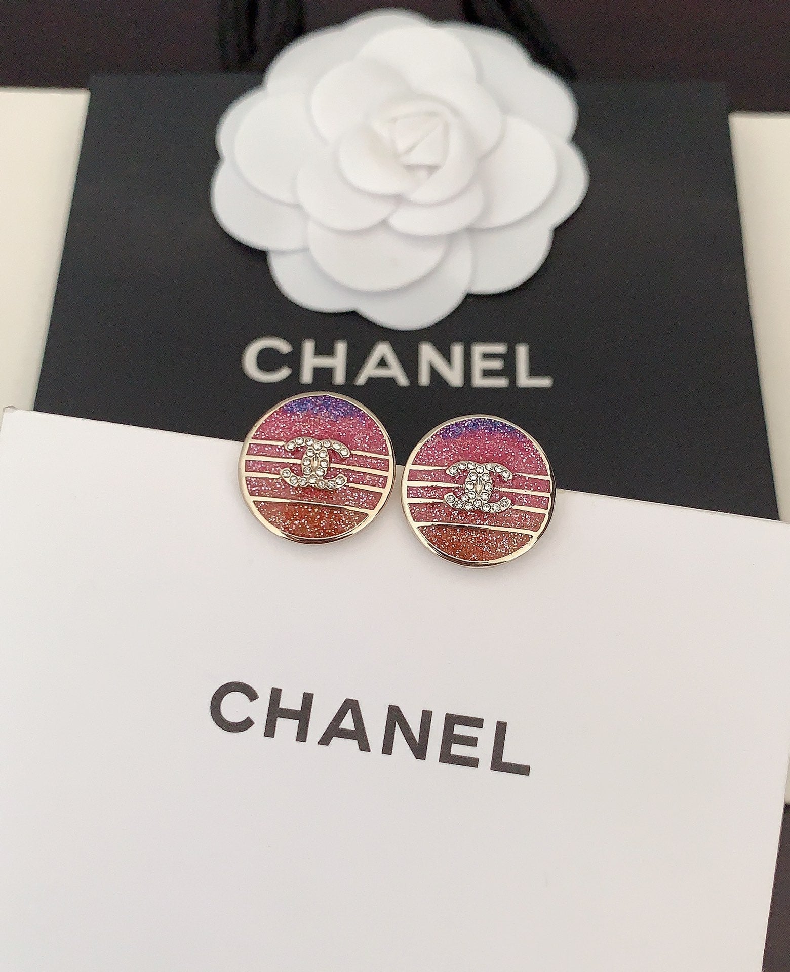 Chanel Pink Crystals 18K Gold Earrings