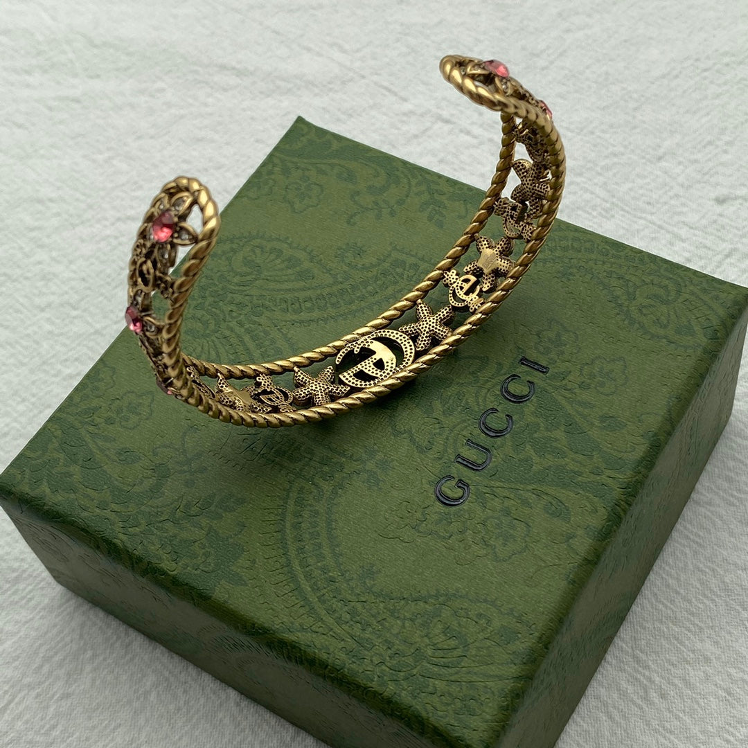 Gucci Double Red Crystal Flower Cuff 18K Gold Bracelet
