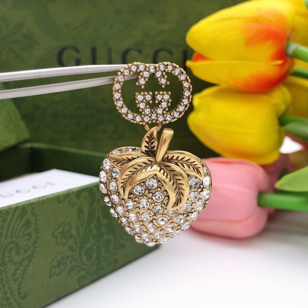 Gucci Double Crystal Strawberry Pendant 18K Gold Earrings