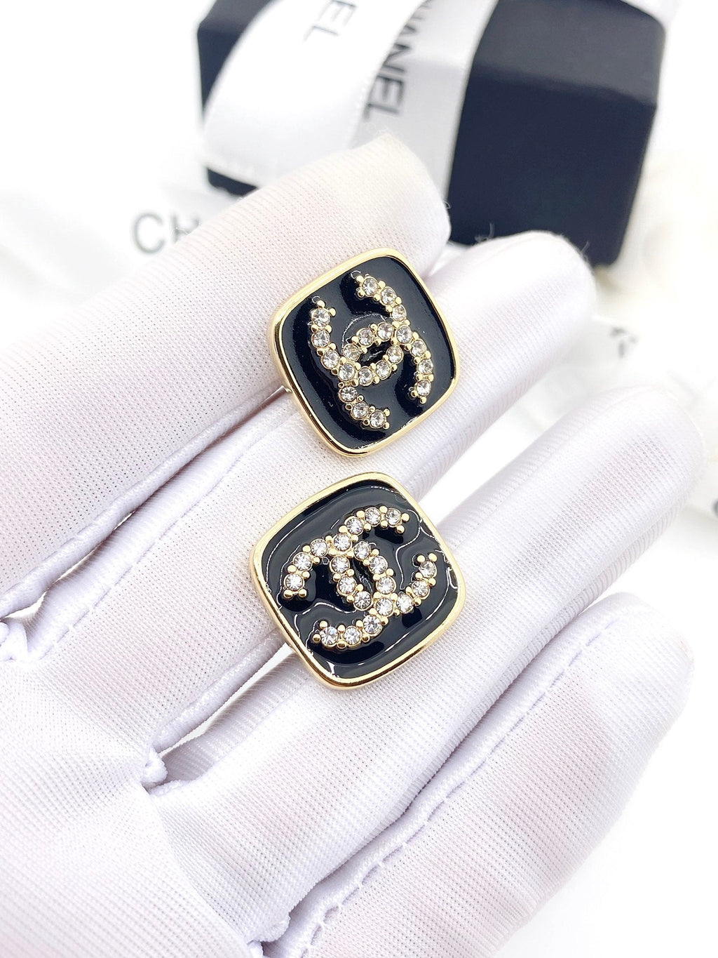 Chanel Square Resin Diamond 18K Gold Earrings