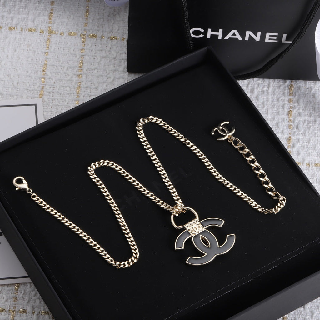 Chanel Black Resin Logo 18K Gold Necklace