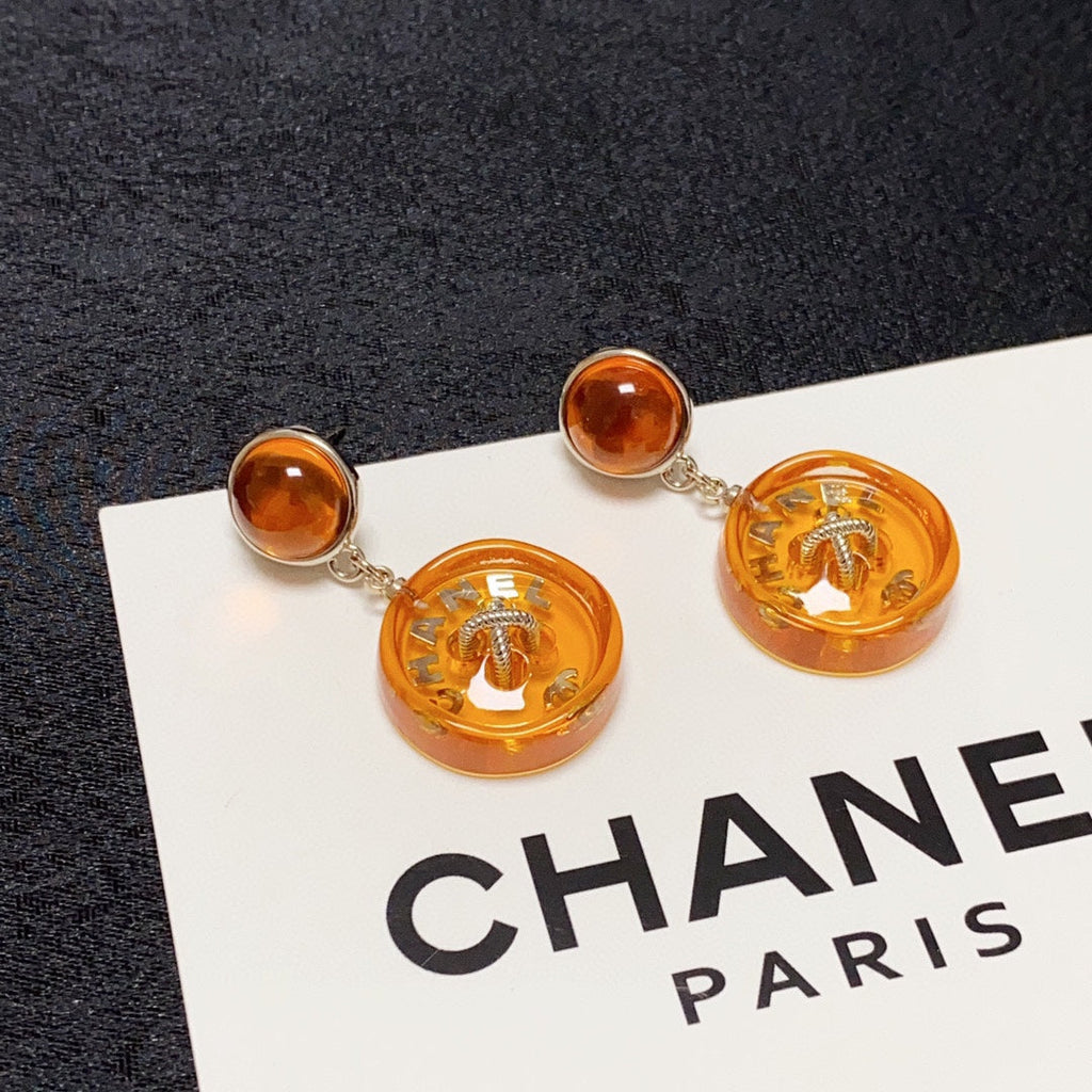 Chanel Orange Pendant 18K Gold Earrings