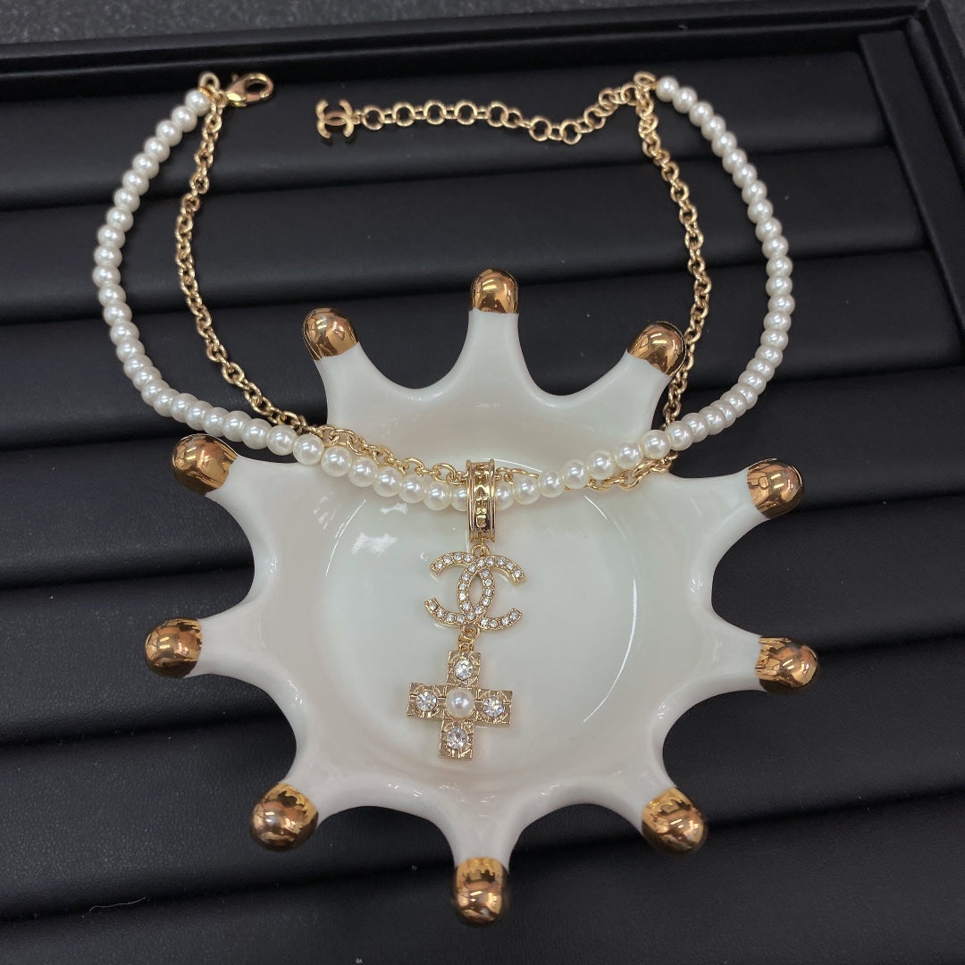 Chanel Cross Diamond Pearl Chain 18K Gold Necklace