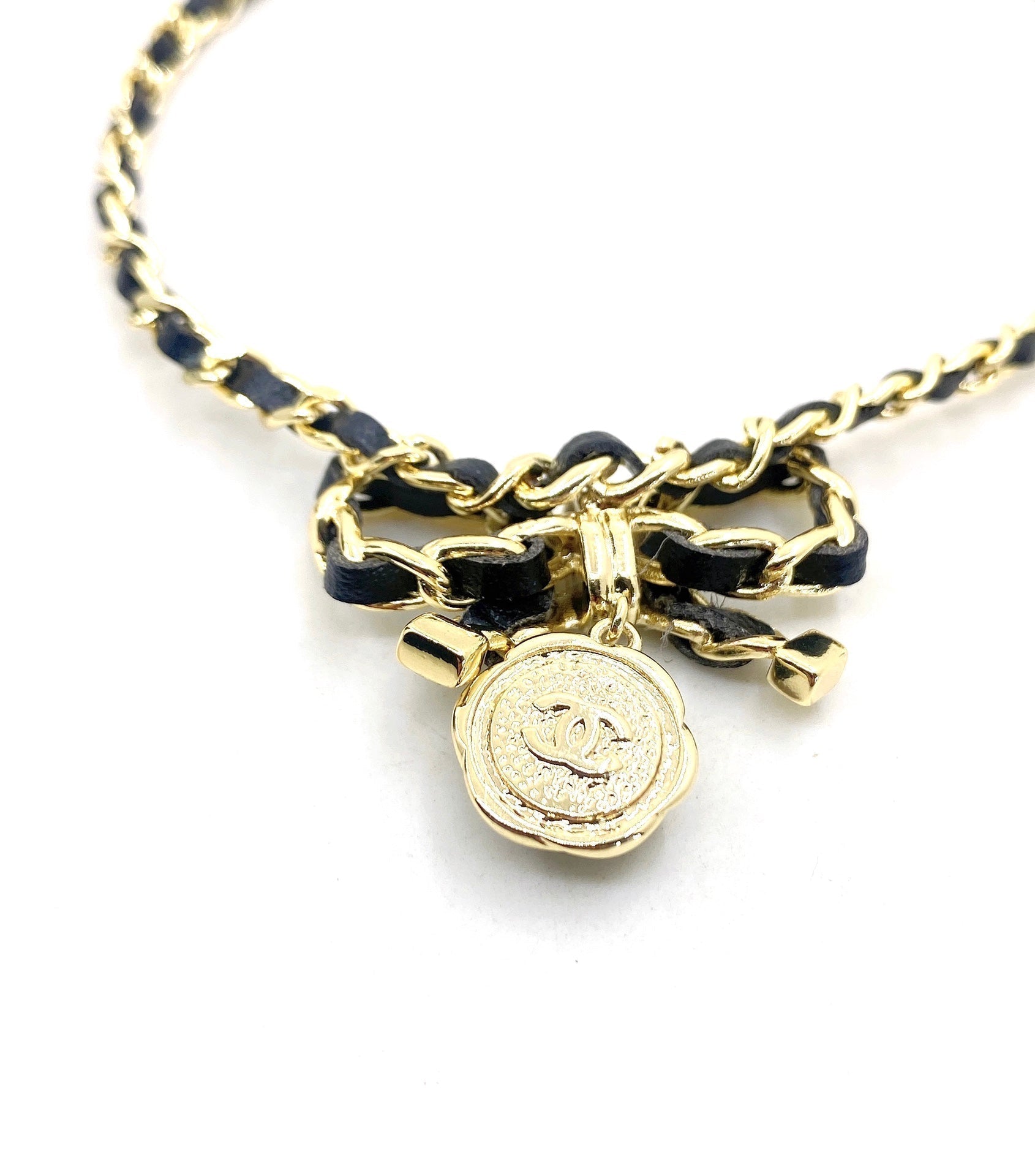 Chanel Rhinestone Bow Tie 18K Gold Necklace