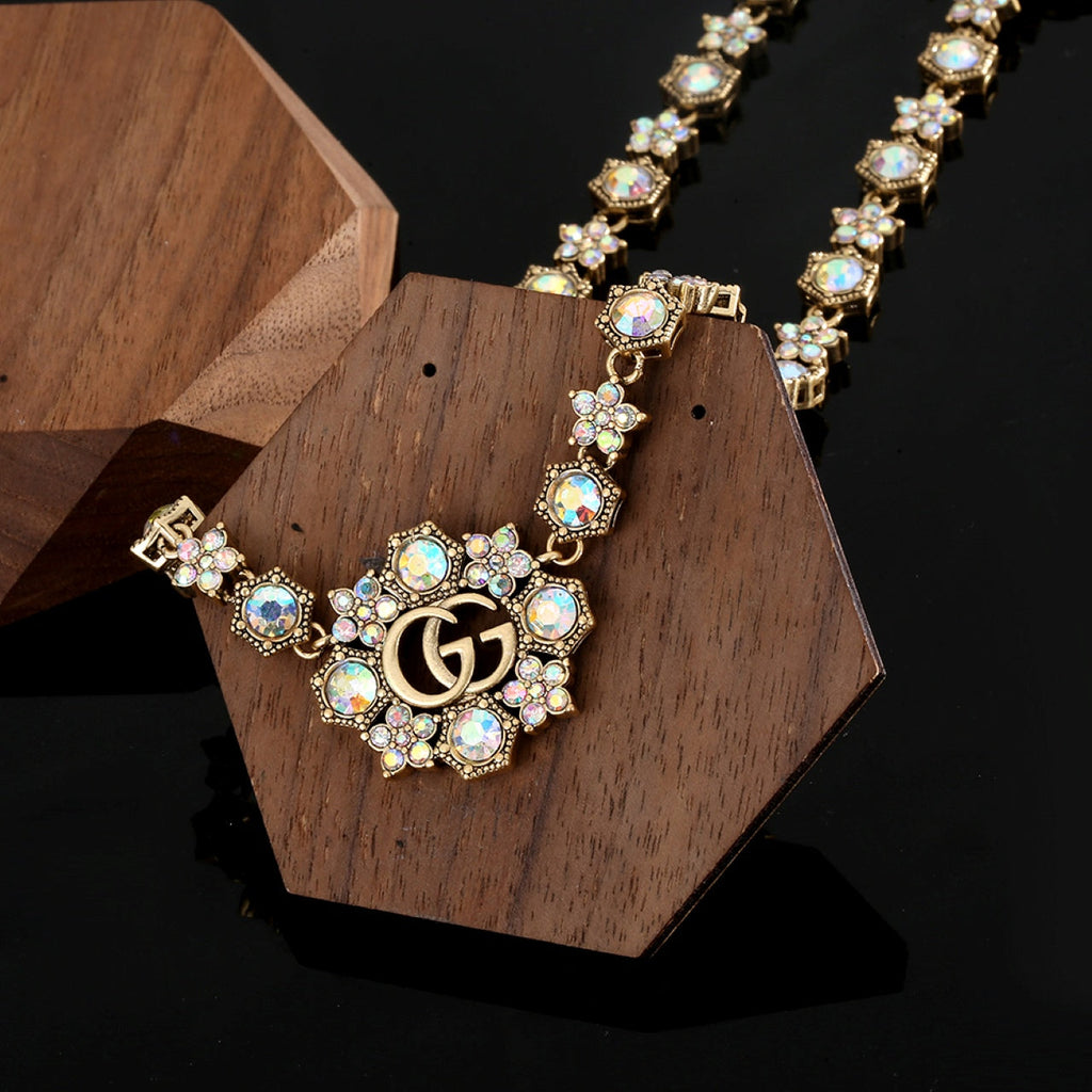 Gucci Double Crystals Chain Choker 18K Gold Necklace