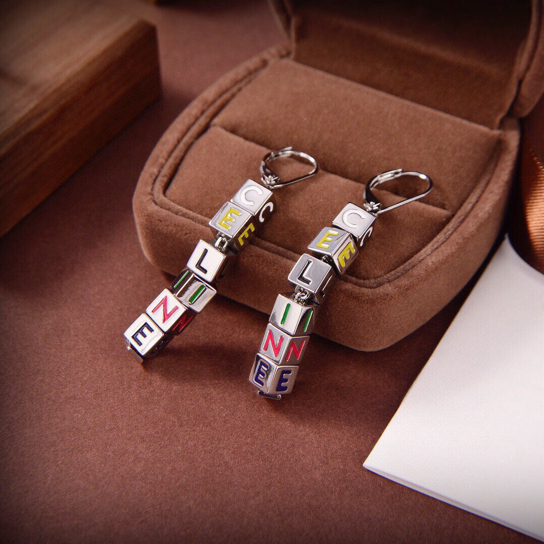 Celine Script Cube 18K Gold Earrings