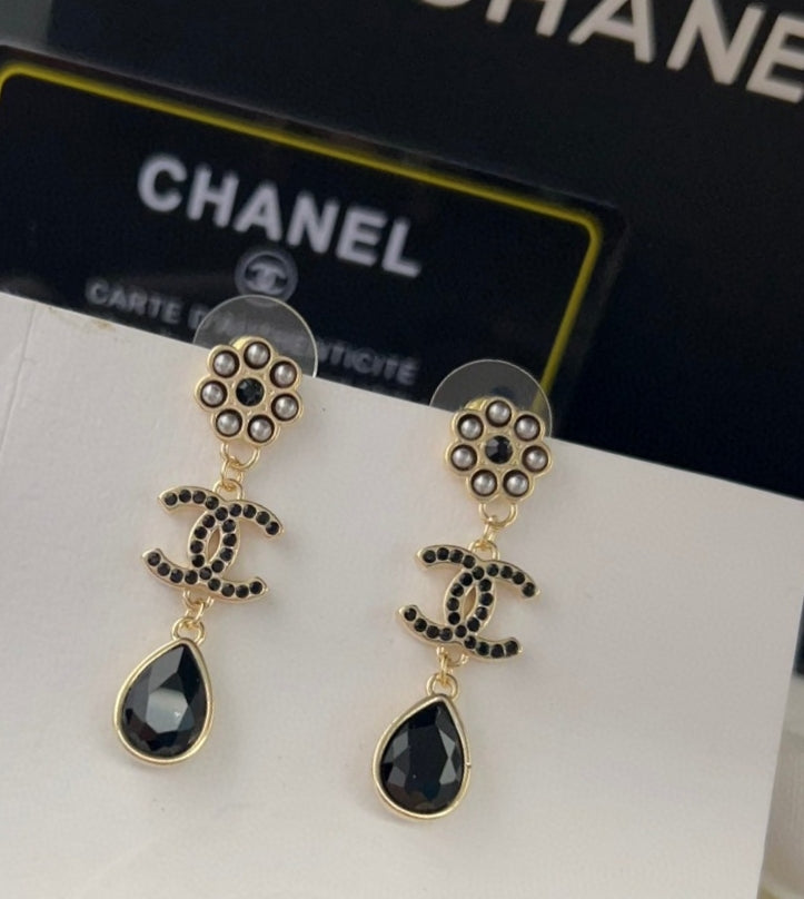 Chanel Black Crystals 18K Gold Earrings