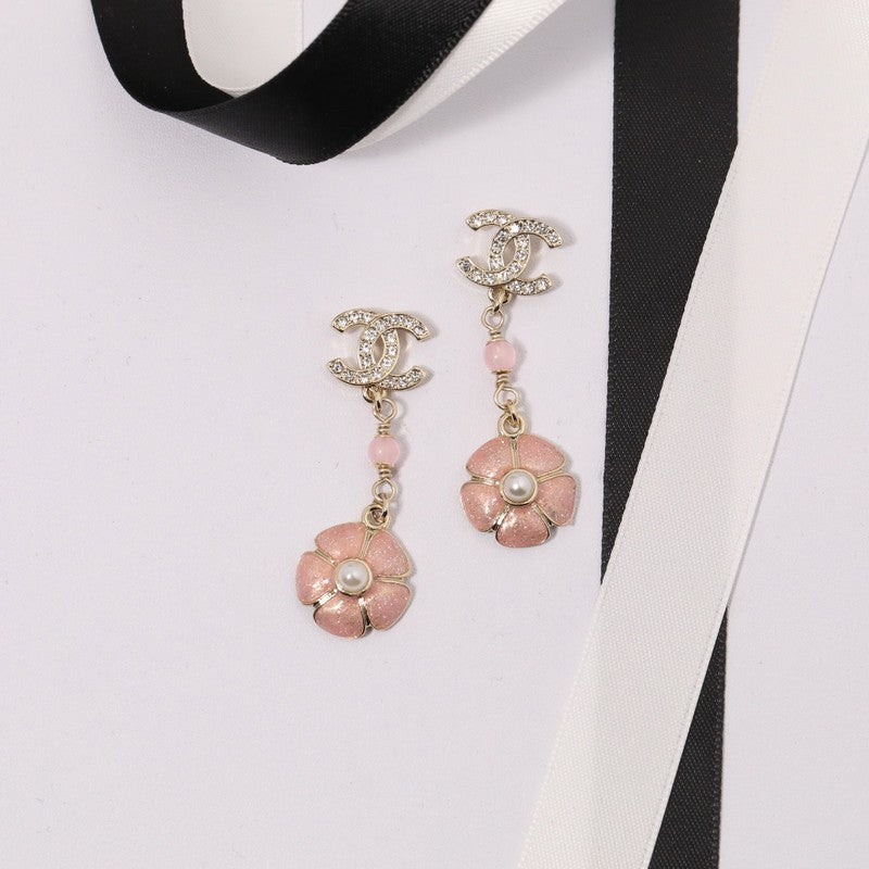 Chanel Black & Pink Camellia Diamond Long 18K Gold Earrings