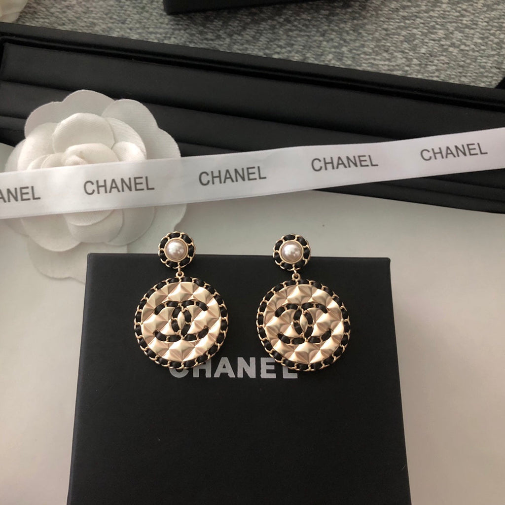Chanel Leather Round 18K Gold Earrings