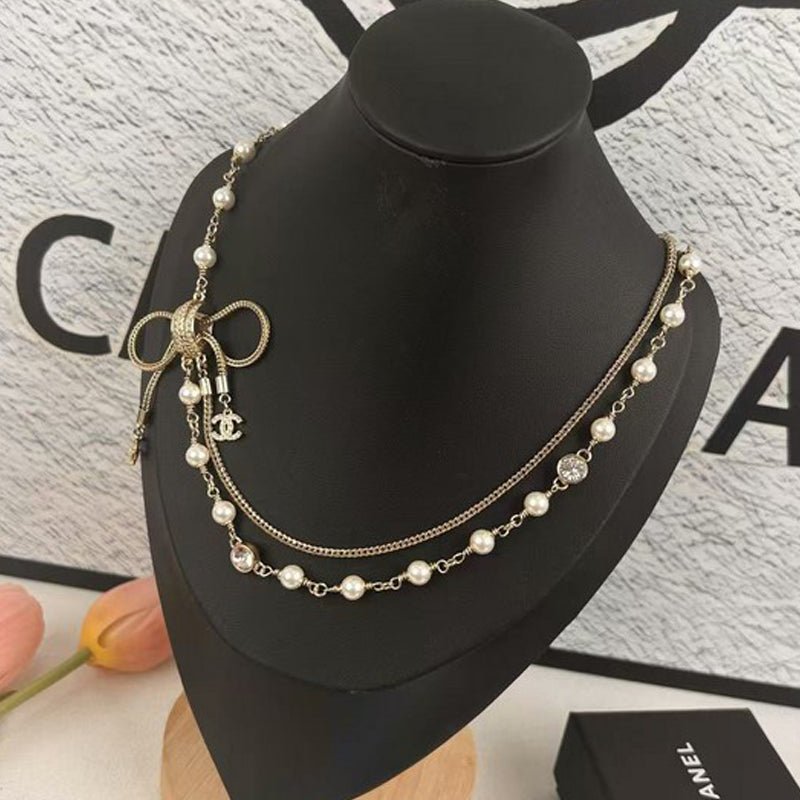 Chanel Bow Tie Pearl 18K Gold Necklace