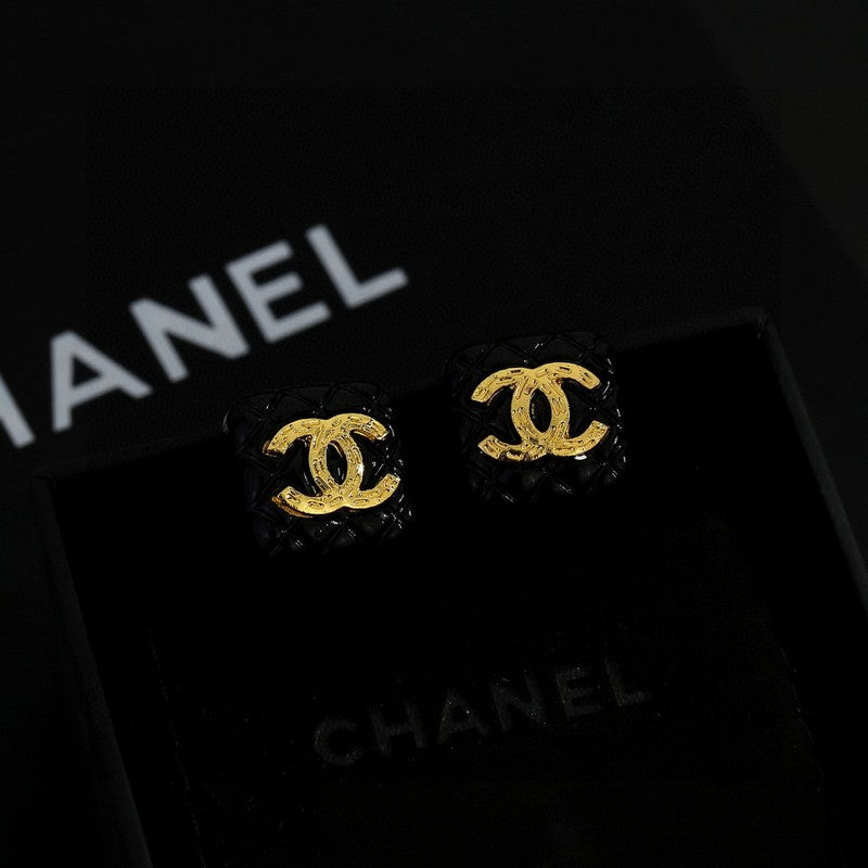 Chanel Black Gold Square 18K Gold Earrings