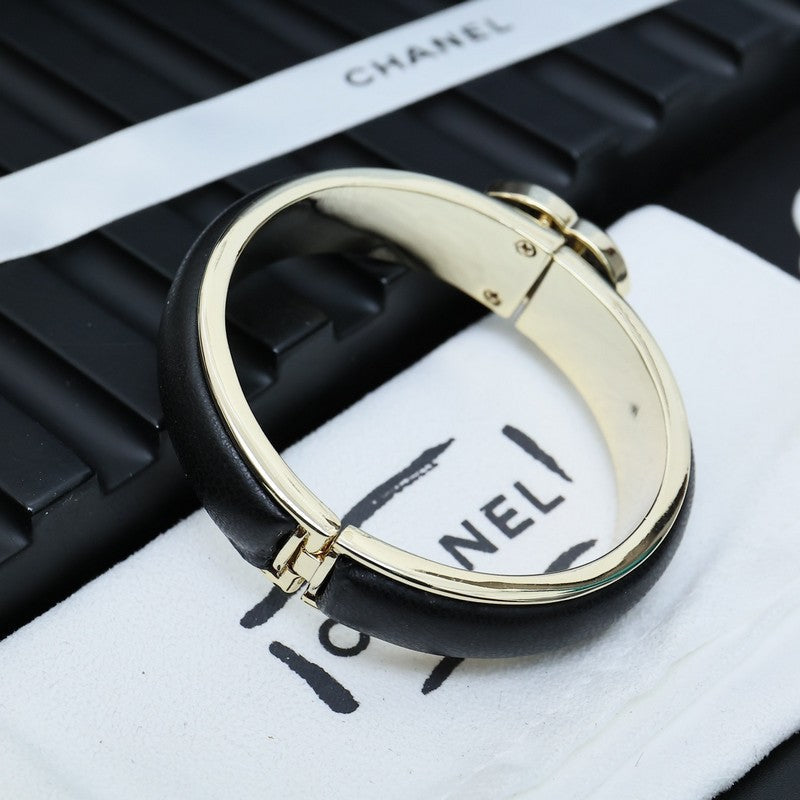 Chanel Black Leather Cuff 18K Gold Bracelet