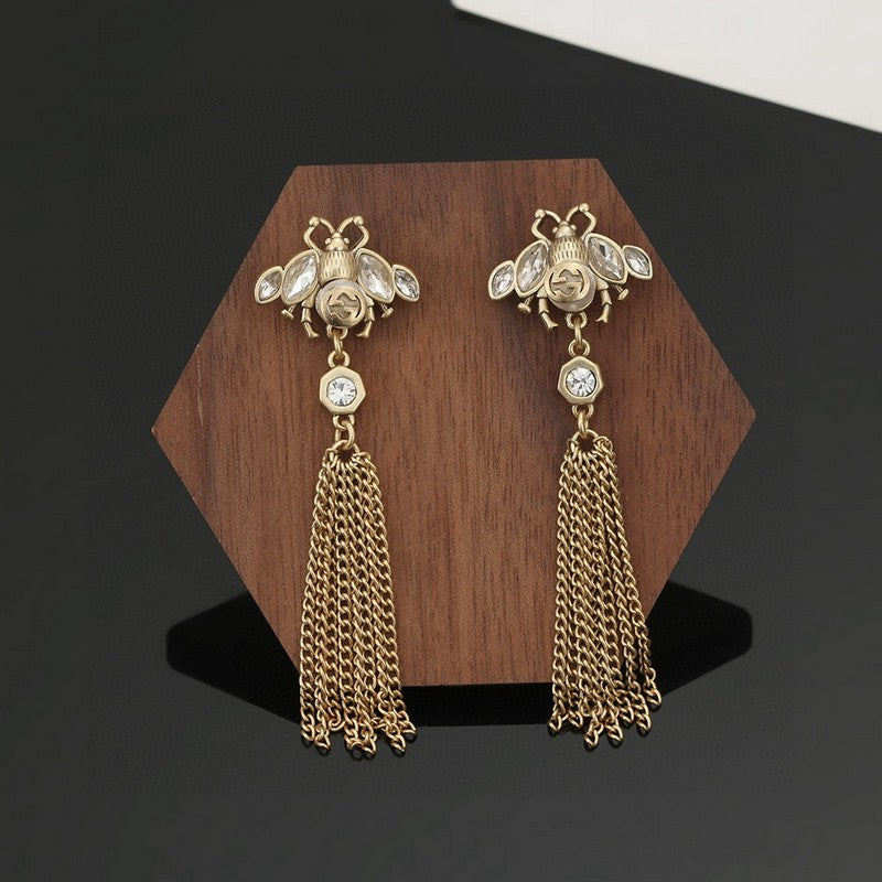 Gucci Double Bee Tassel Crystal 18K Gold Earrings