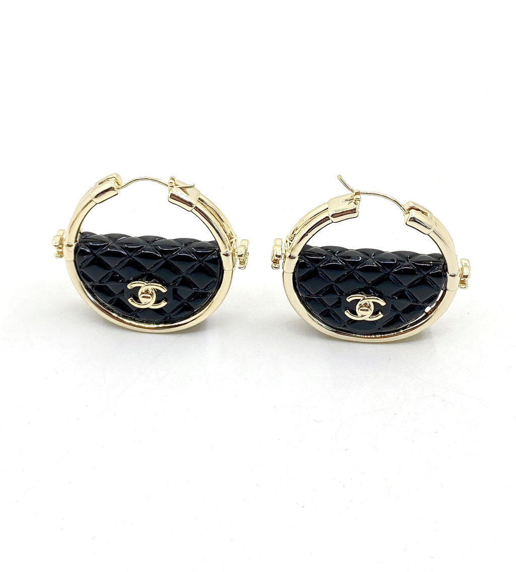 Chanel Black Bag 18K Gold Earrings
