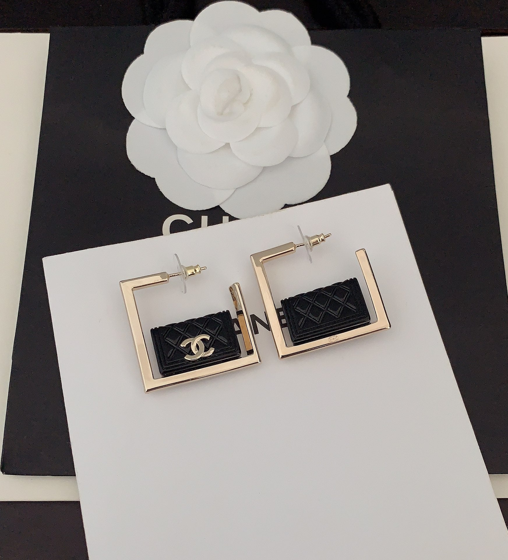 Chanel Black Bag Pendant 18K Gold Earrings
