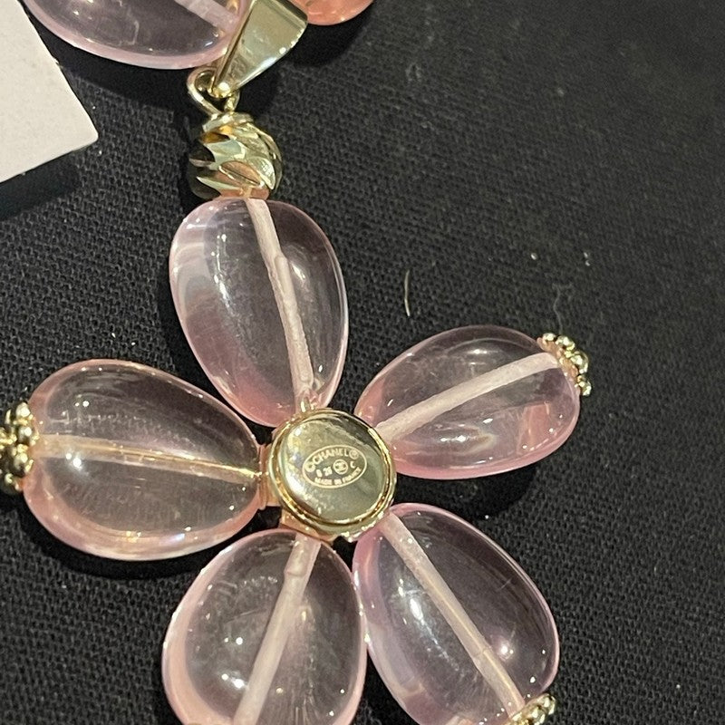 Chanel 26C Pink Crystal Flower 18K Gold Necklace