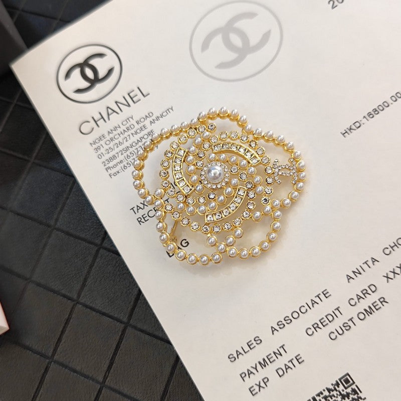 Chanel Camellia Pearl 18K Gold Brooch