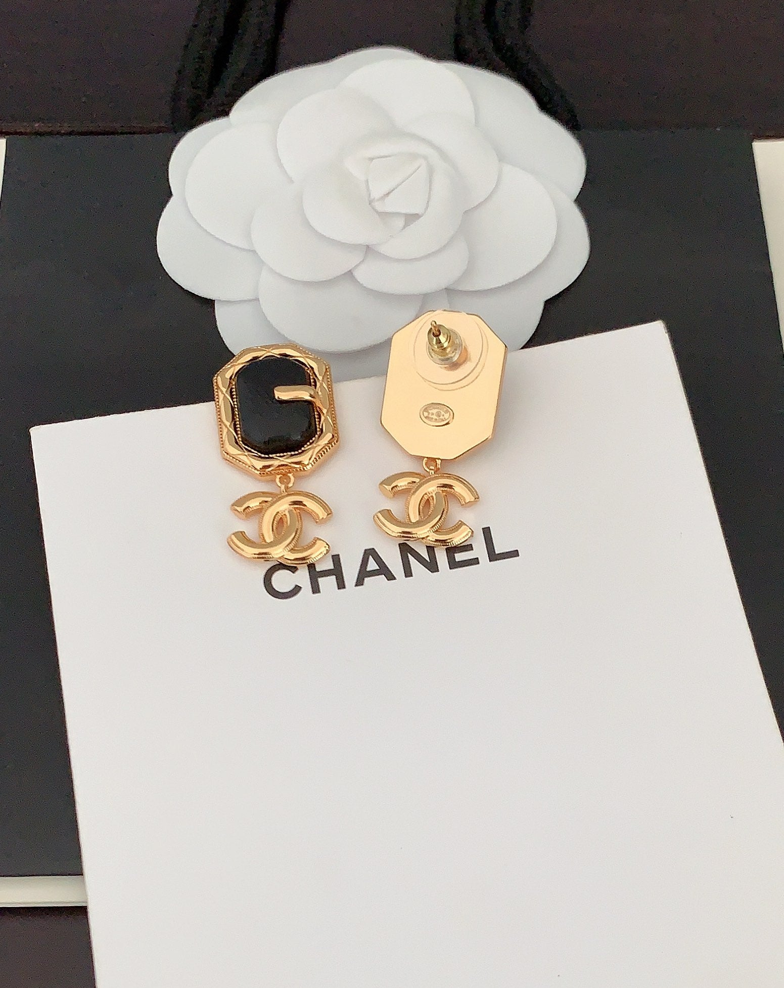 Chanel Pendant Leather 18K Gold Earrings